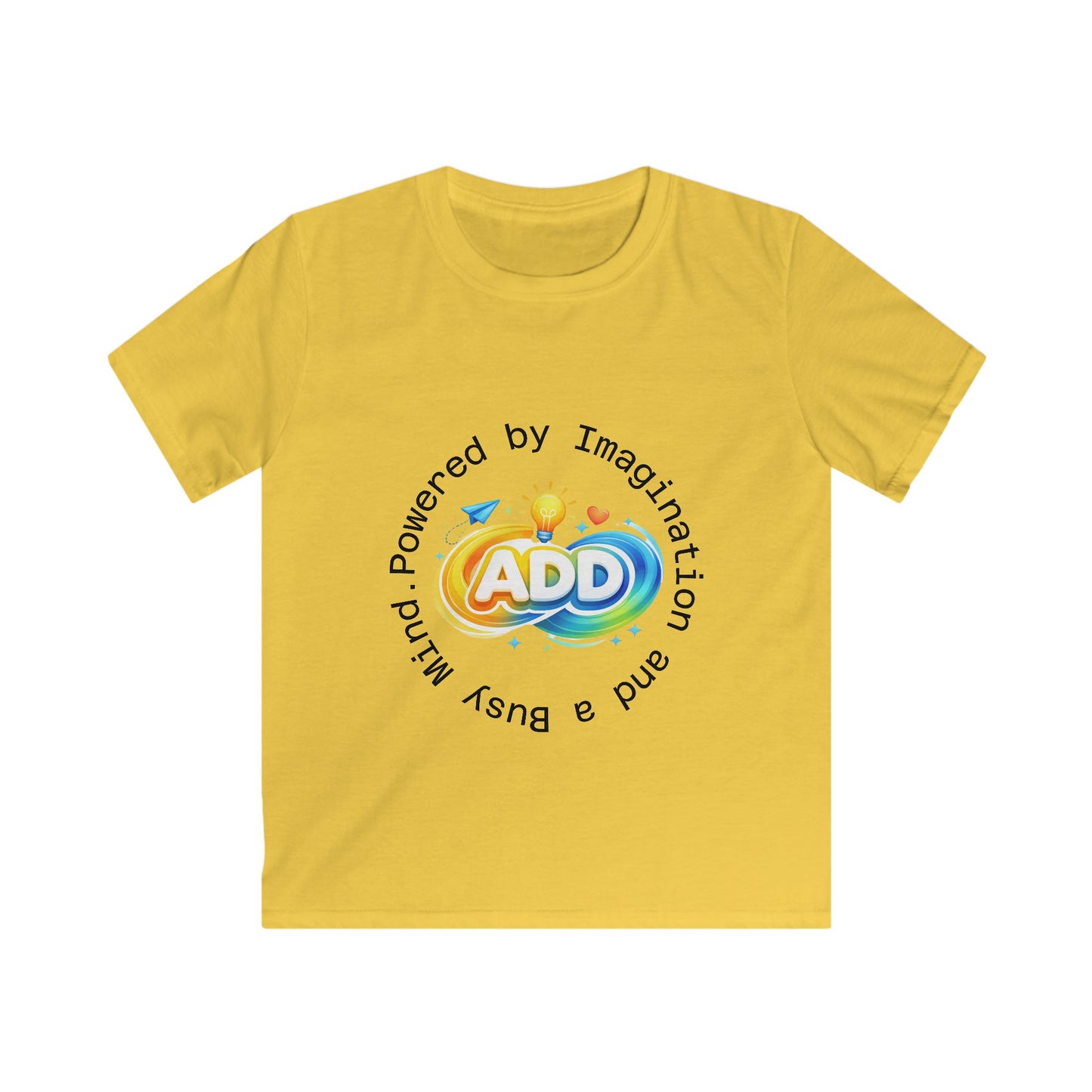 Kids ADD Awareness Tee — "Powered by Imagination and a Busy Mind"